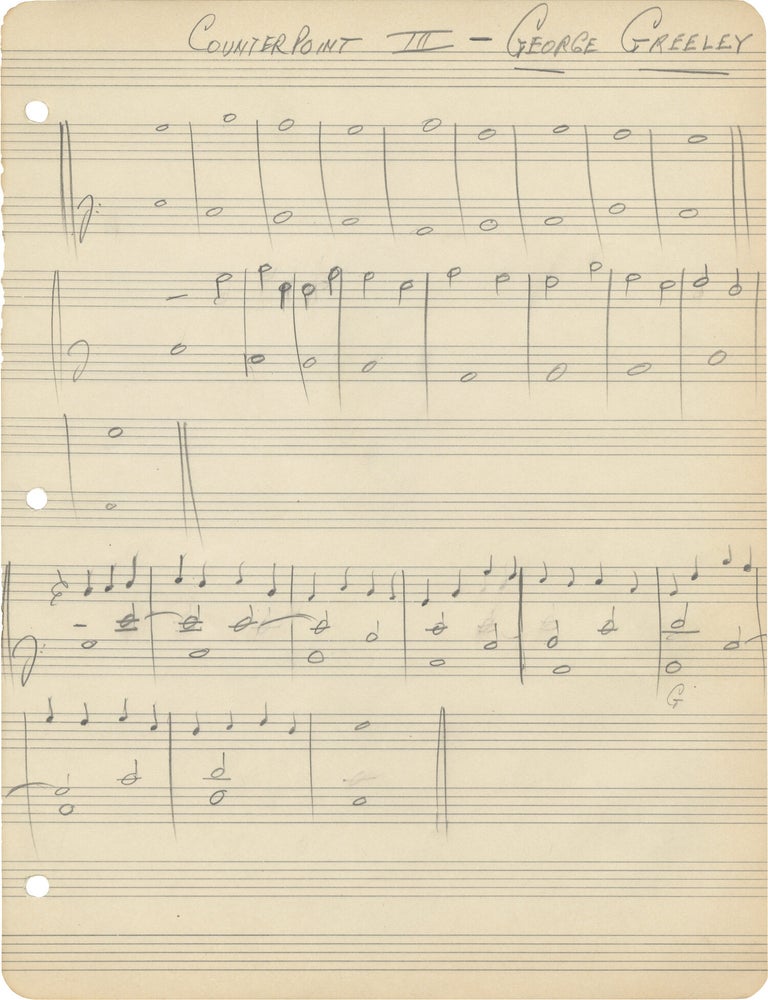 Archive of two binders of handwritten music notations, notes and essays belonging to George Greeley, circa 1945-1946