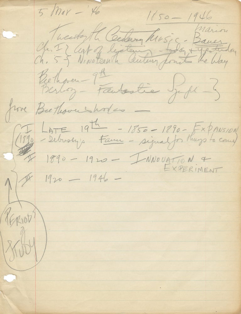 Archive of two binders of handwritten music notations, notes and essays belonging to George Greeley, circa 1945-1946