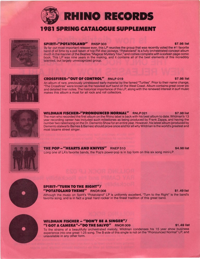 Original Rhino Records 1980-81 Fall-Winter Catalog with 1981 Spring Catalog Supplement