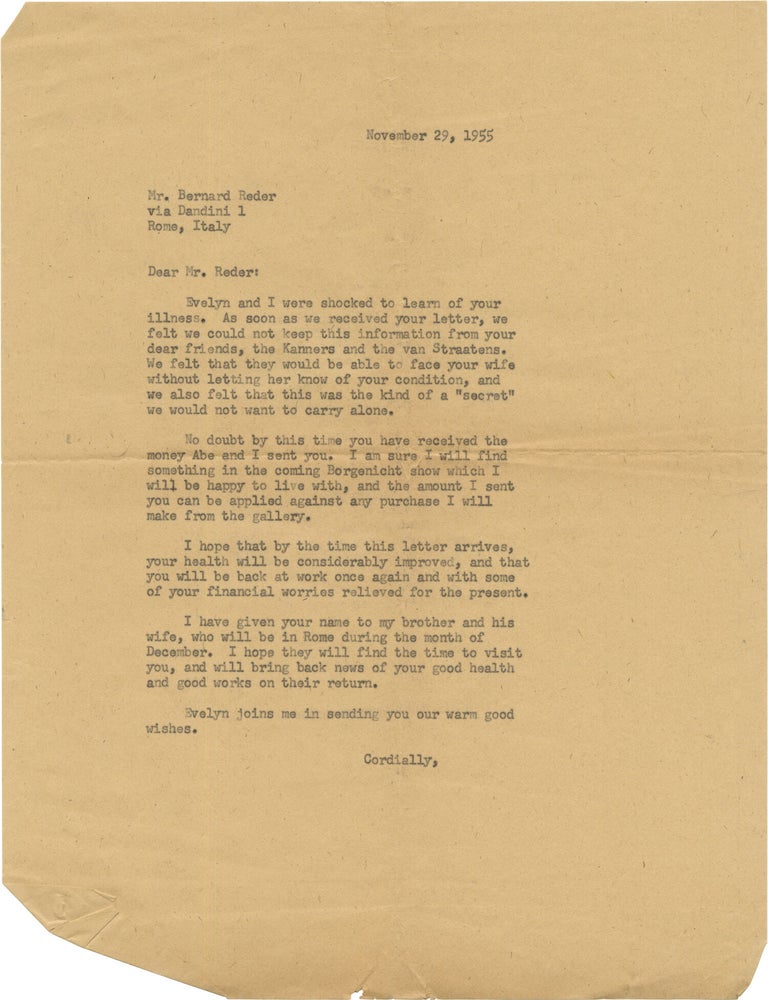 Small archive of material relating to Bernard Reder, including seven Manuscript and Typed Letters from Reder, and a First Edition of John I.H. Baur's monograph on Reder