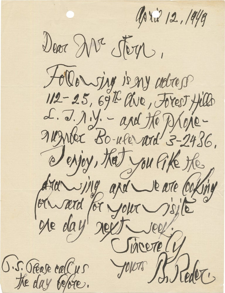 Small archive of material relating to Bernard Reder, including seven Manuscript and Typed Letters from Reder, and a First Edition of John I.H. Baur's monograph on Reder