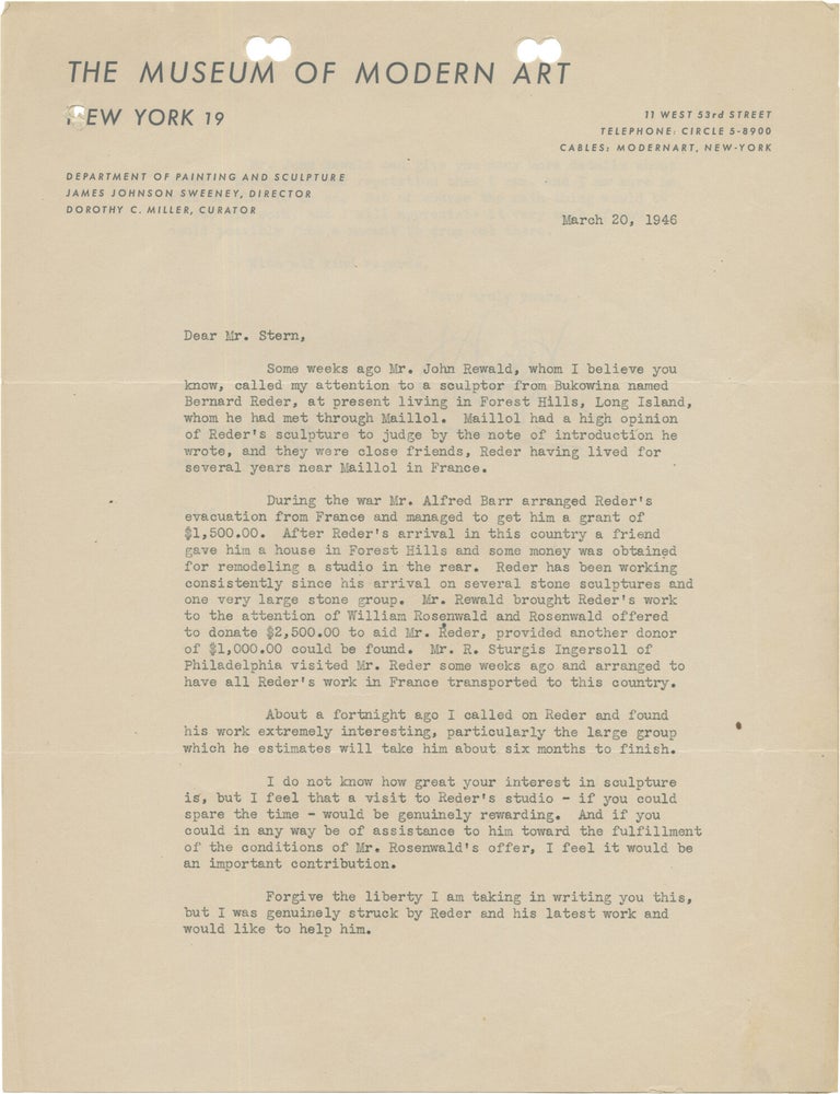 Small archive of material relating to Bernard Reder, including seven Manuscript and Typed Letters from Reder, and a First Edition of John I.H. Baur's monograph on Reder