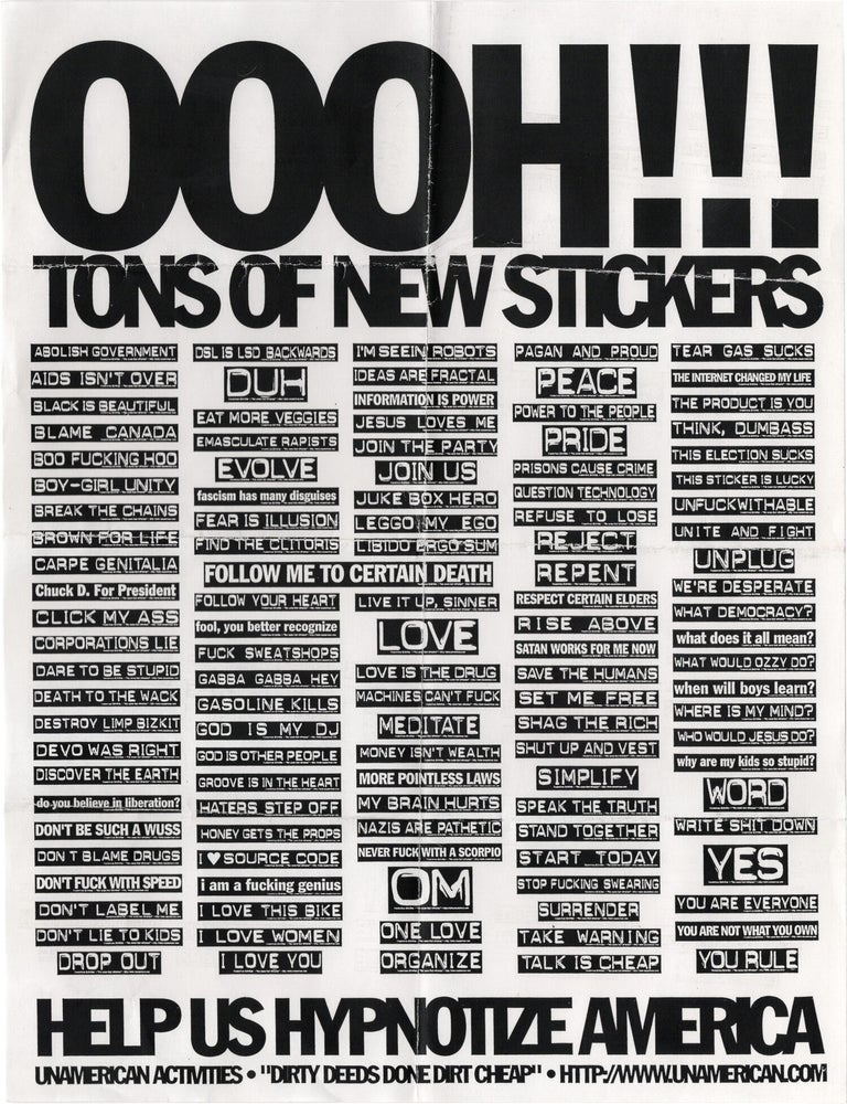 Original Spring 2001 sticker catalog, flyer, contact sheet, and five stickers from Unamerican Activities