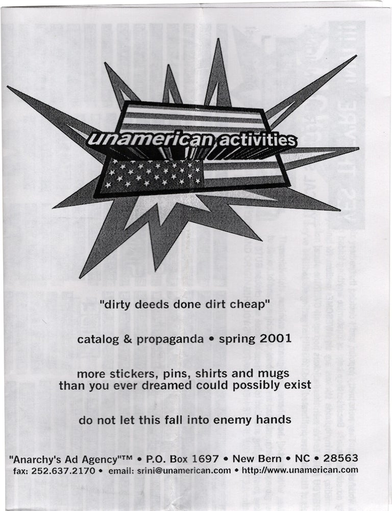 Original Spring 2001 sticker catalog, flyer, contact sheet, and five stickers from Unamerican Activities