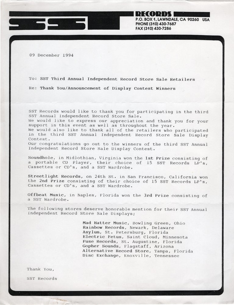 Three original stickers and an announcement of the winners of SST Third Annual Record Store display, 1994