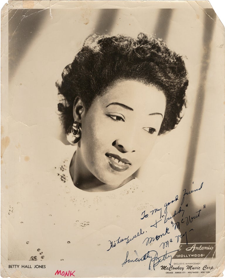 Archive of nearly 150 photographs of jazz, blues, and popular music performers, including 50 INSCRIBED photographs, as well as a handful of personal photographs, belonging to jazz drummer and bandleader "Monk" McFay, circa 1930s through 1950s