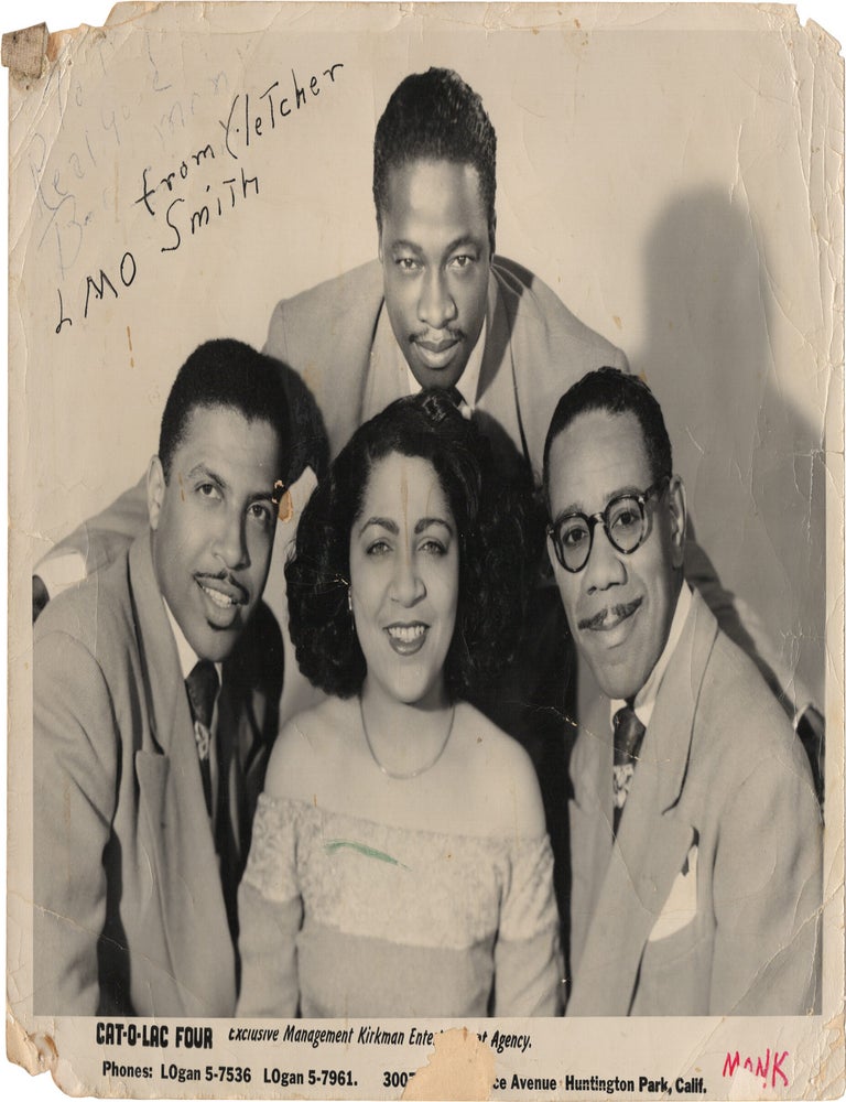 Archive of nearly 150 photographs of jazz, blues, and popular music performers, including 50 INSCRIBED photographs, as well as a handful of personal photographs, belonging to jazz drummer and bandleader "Monk" McFay, circa 1930s through 1950s