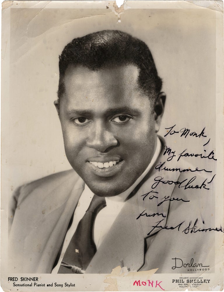 Archive of nearly 150 photographs of jazz, blues, and popular music performers, including 50 INSCRIBED photographs, as well as a handful of personal photographs, belonging to jazz drummer and bandleader "Monk" McFay, circa 1930s through 1950s