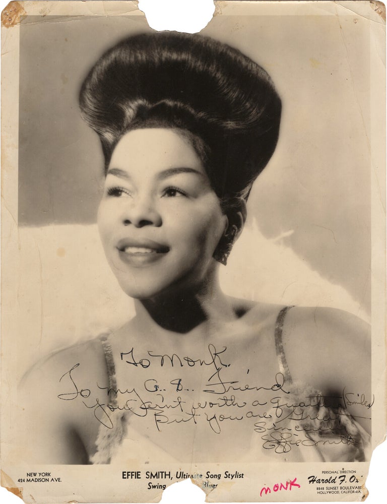 Archive of nearly 150 photographs of jazz, blues, and popular music performers, including 50 INSCRIBED photographs, as well as a handful of personal photographs, belonging to jazz drummer and bandleader "Monk" McFay, circa 1930s through 1950s
