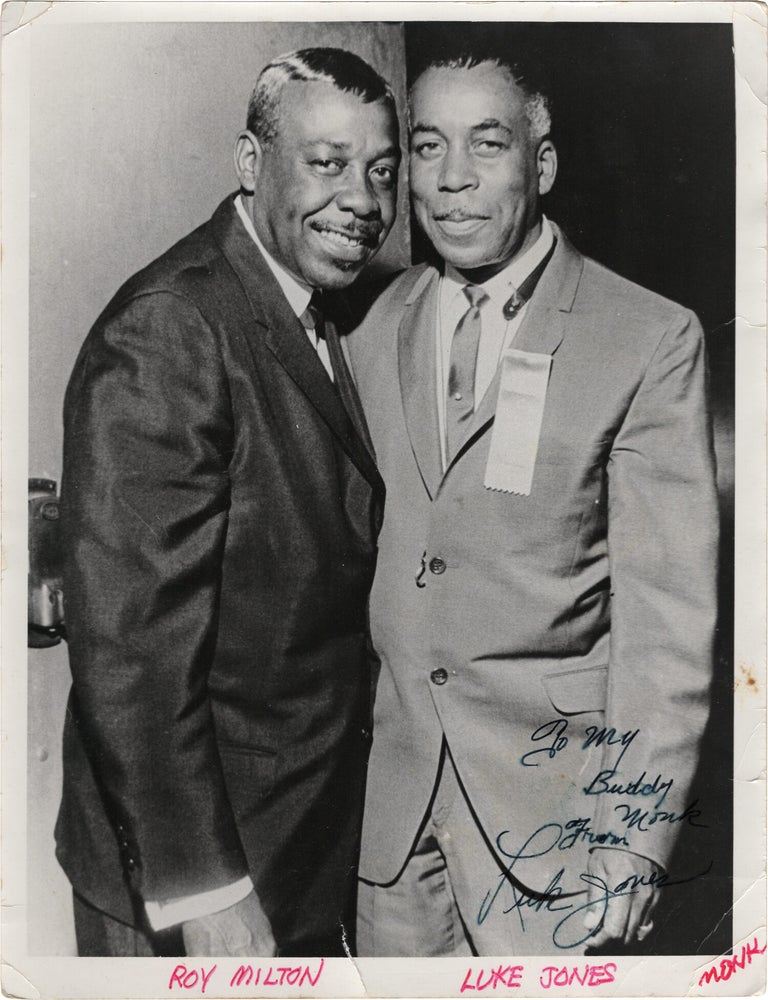 Archive of nearly 150 photographs of jazz, blues, and popular music performers, including 50 INSCRIBED photographs, as well as a handful of personal photographs, belonging to jazz drummer and bandleader "Monk" McFay, circa 1930s through 1950s