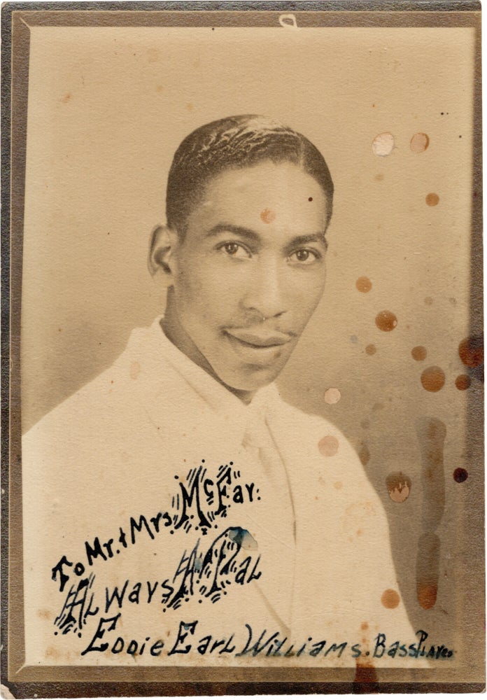 Archive of nearly 150 photographs of jazz, blues, and popular music performers, including 50 INSCRIBED photographs, as well as a handful of personal photographs, belonging to jazz drummer and bandleader "Monk" McFay, circa 1930s through 1950s