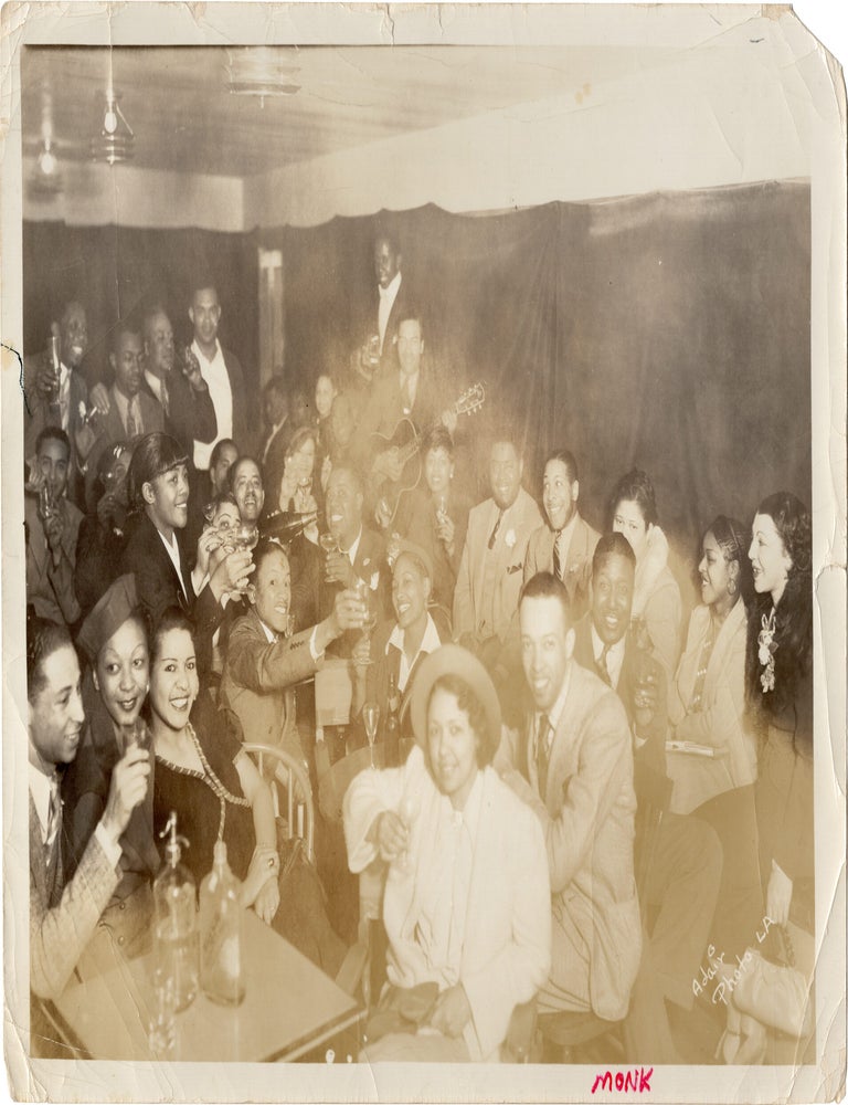 Archive of nearly 150 photographs of jazz, blues, and popular music performers, including 50 INSCRIBED photographs, as well as a handful of personal photographs, belonging to jazz drummer and bandleader "Monk" McFay, circa 1930s through 1950s