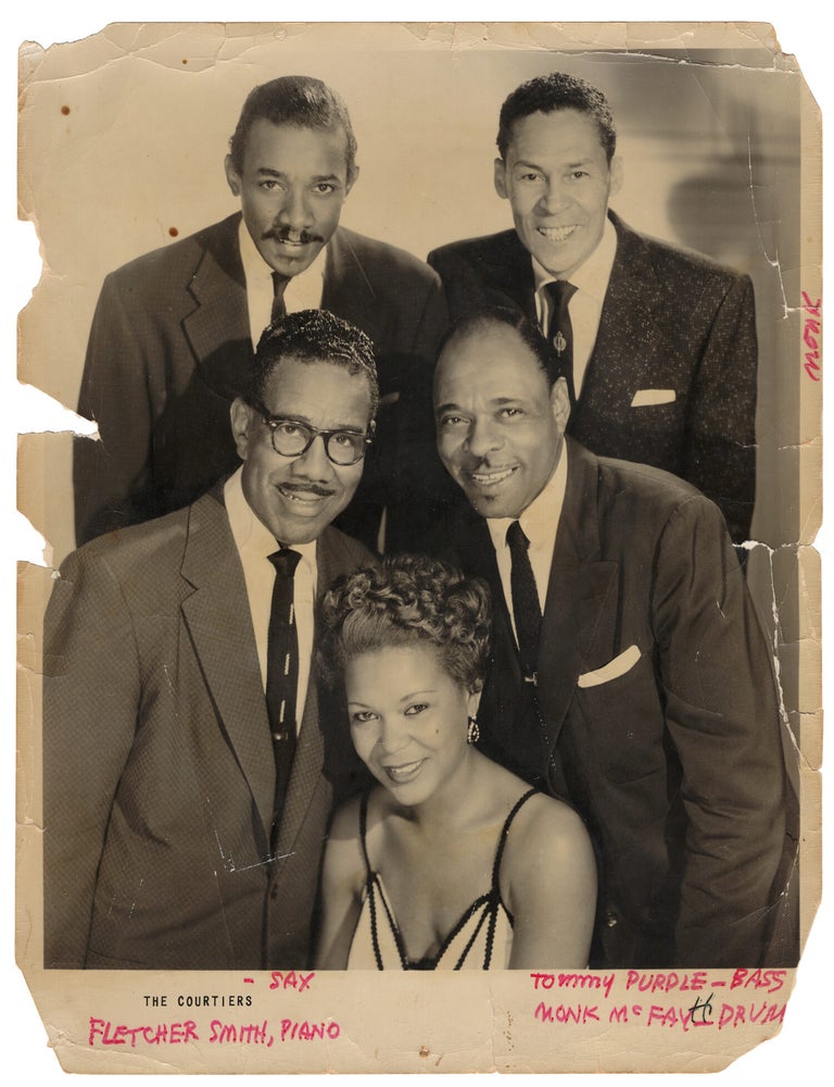 Archive of nearly 150 photographs of jazz, blues, and popular music performers, including 50 INSCRIBED photographs, as well as a handful of personal photographs, belonging to jazz drummer and bandleader "Monk" McFay, circa 1930s through 1950s