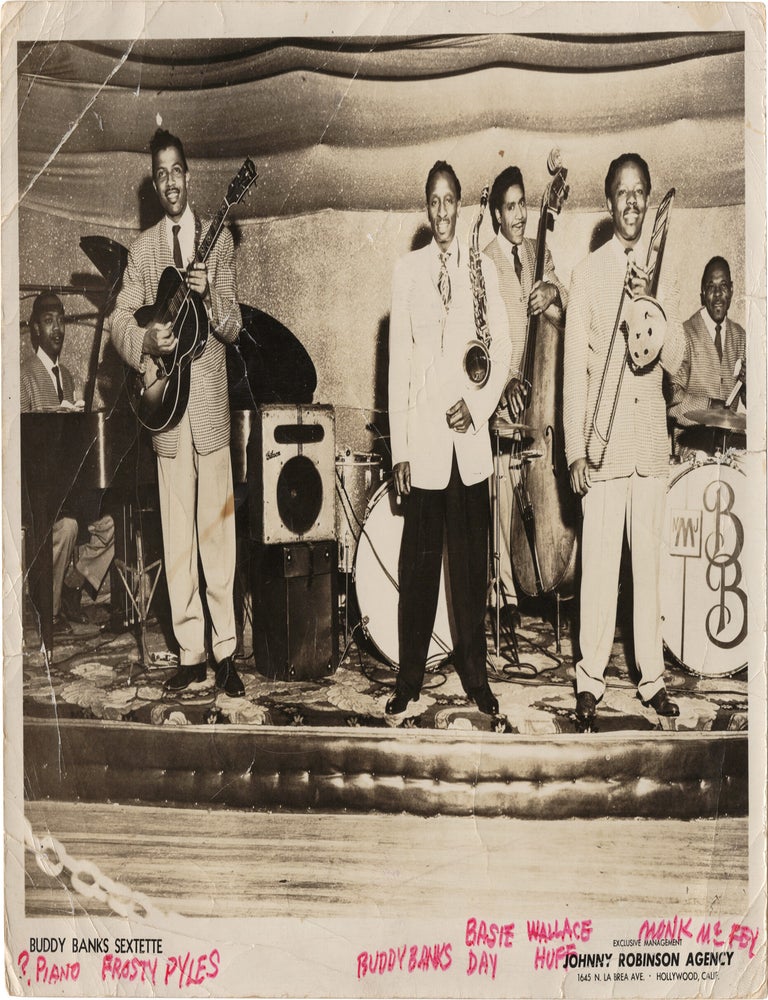 Archive of nearly 150 photographs of jazz, blues, and popular music performers, including 50 INSCRIBED photographs, as well as a handful of personal photographs, belonging to jazz drummer and bandleader "Monk" McFay, circa 1930s through 1950s