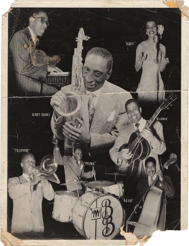 Archive of nearly 150 photographs of jazz, blues, and popular music performers, including 50 INSCRIBED photographs, as well as a handful of personal photographs, belonging to jazz drummer and bandleader "Monk" McFay, circa 1930s through 1950s