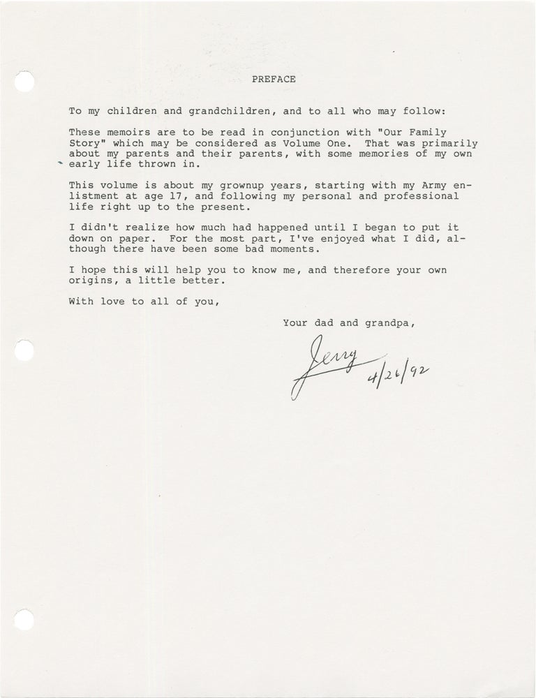 Two original typed memoirs signed, written for family members by screenwriter Jerome Coopersmith