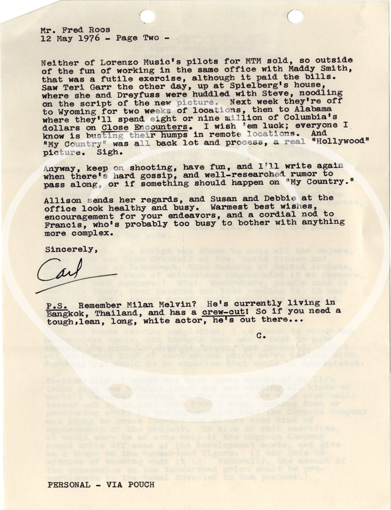 Original typed letter signed from Carl Gottlieb to Fred Roos, May 12 , 1976