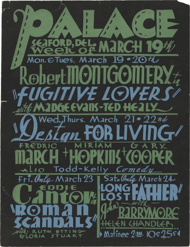 Original double-sided lobby art advertising screenings at two movie theatres in Delaware, 1934