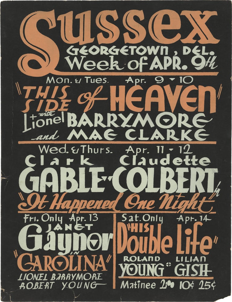 Original double-sided lobby art advertising screenings at two movie theatres in Delaware, 1934