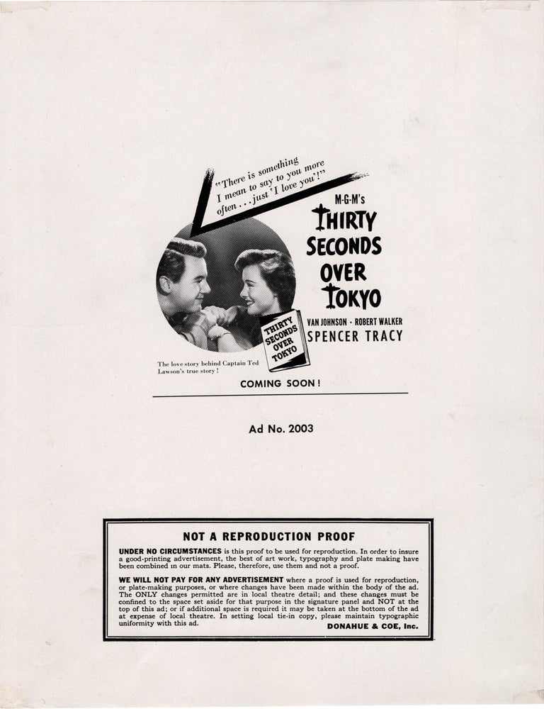 Book #171686] Thirty Seconds Over Tokyo (Original advertising proof for the 1944 film). Dalton...