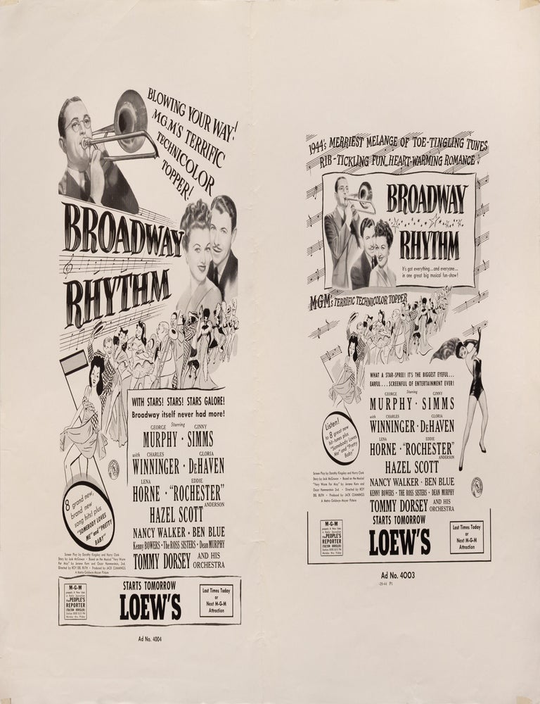 Book #171692] Broadway Rhythm (Four original oversize advertising proofs for the 1944 musical)....