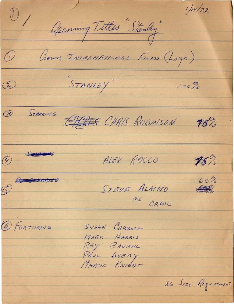 Stanley (Small archive of production and personal documents from the 1972 film belonging to...