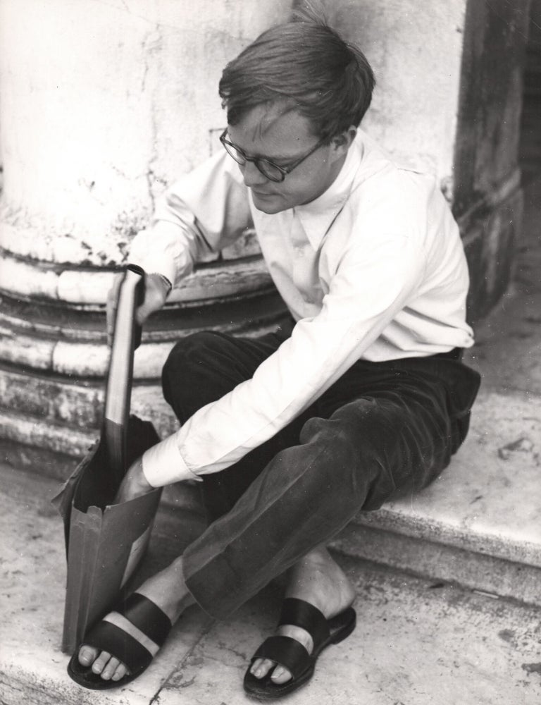Book #171787] Original oversize press photograph of Truman Capote in Venice, 1950. Truman Capote,...