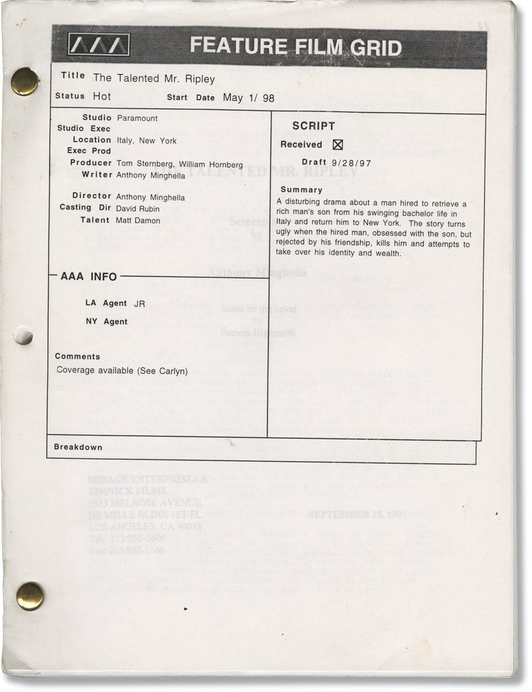 The Talented Mr. Ripley (Original screenplay for the 1999 film
