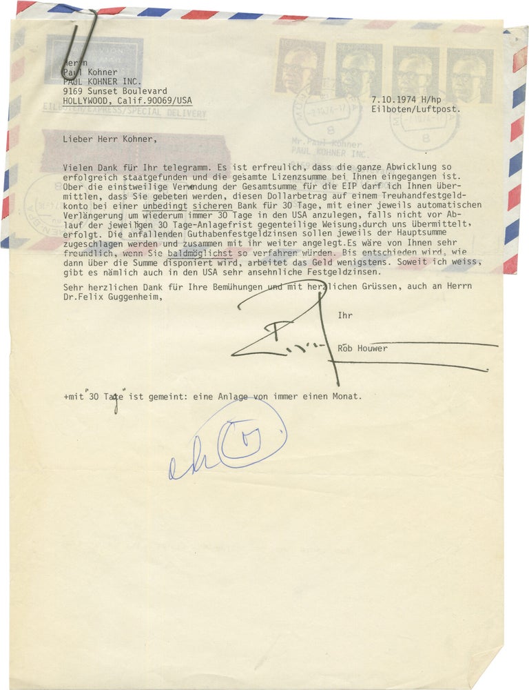 Small archive of correspondence between Rob Houwer and Paul Kohner