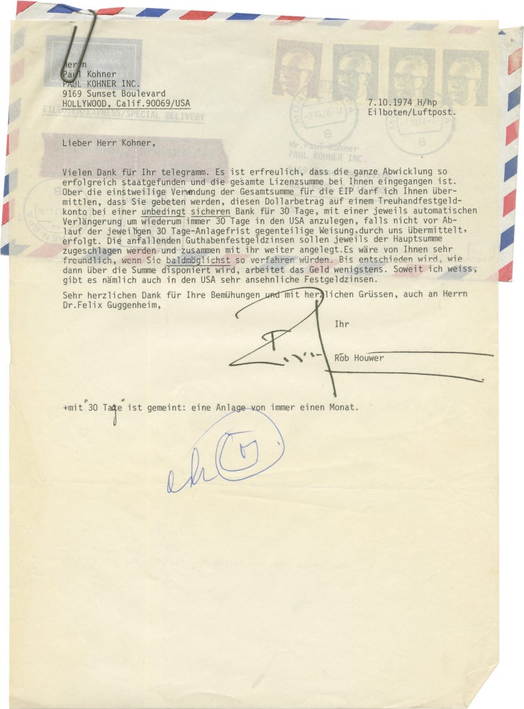 Small archive of correspondence between Rob Houwer and Paul Kohner