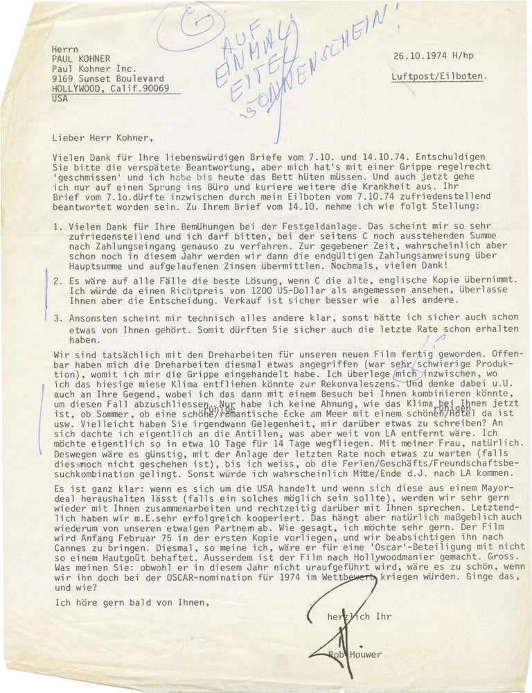 Small archive of correspondence between Rob Houwer and Paul Kohner