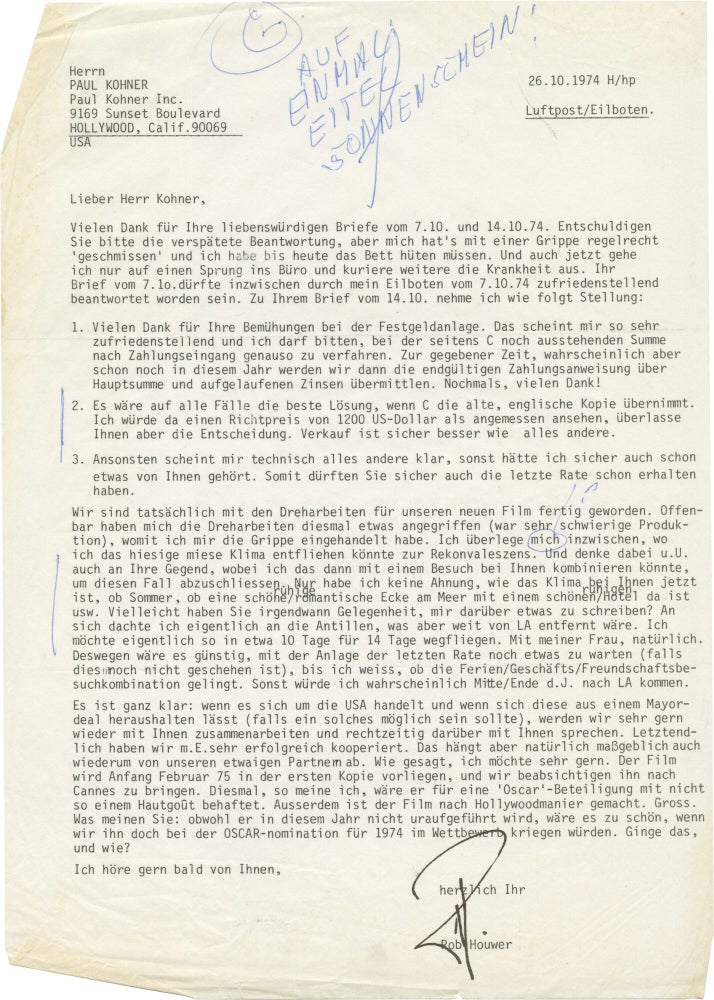Small archive of correspondence between Rob Houwer and Paul Kohner