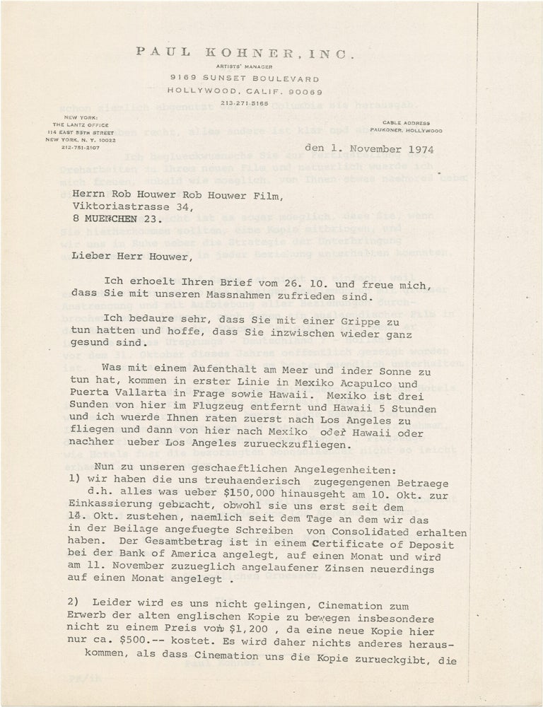 Small archive of correspondence between Rob Houwer and Paul Kohner