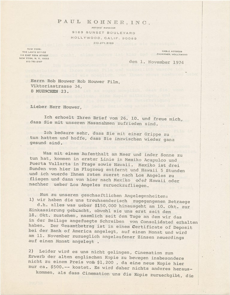 Small archive of correspondence between Rob Houwer and Paul Kohner
