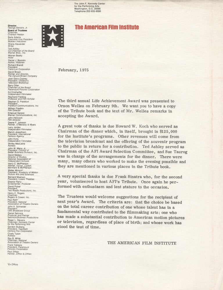 Original publicity booklet for Orson Welles' receipt of the American Film Institute's third annual Life Achievement Award, 1975