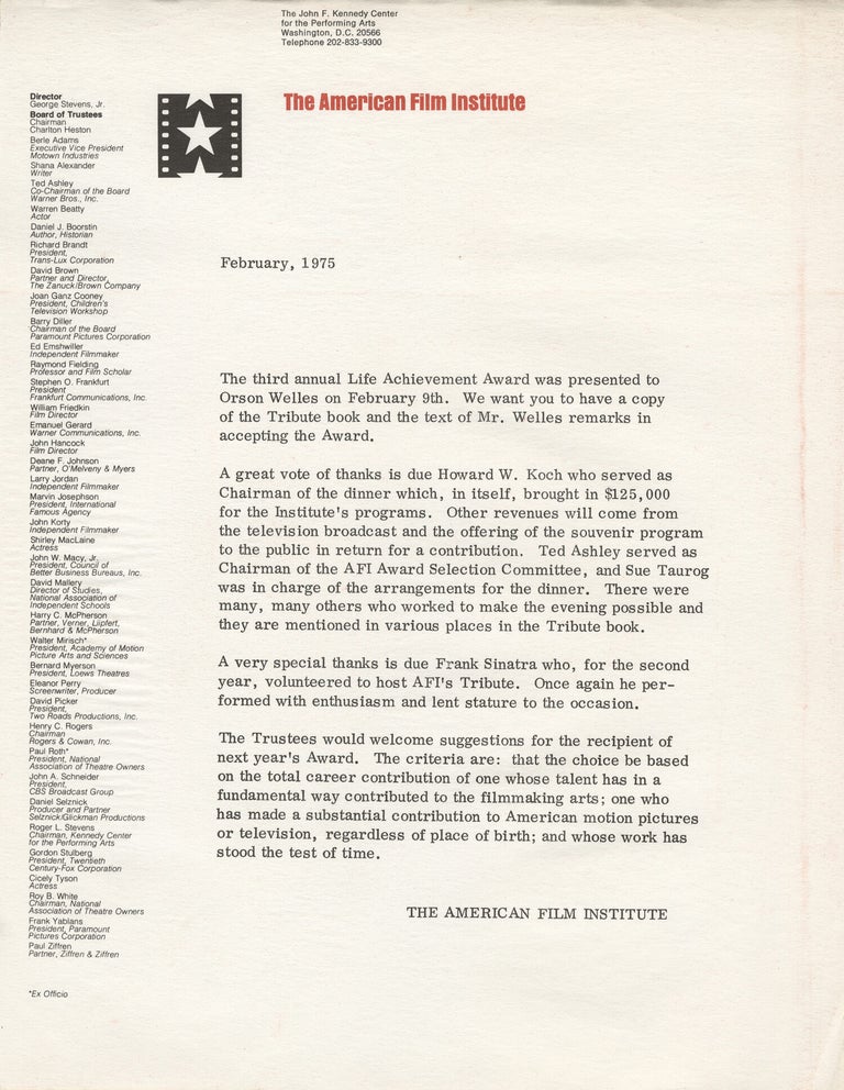 Original publicity booklet for Orson Welles' receipt of the American Film Institute's third annual Life Achievement Award, 1975