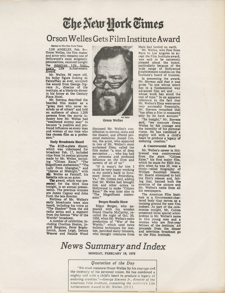 Original publicity booklet for Orson Welles' receipt of the American Film Institute's third annual Life Achievement Award, 1975