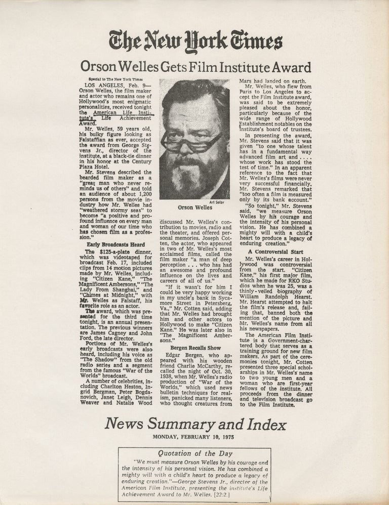 Original publicity booklet for Orson Welles' receipt of the American Film Institute's third annual Life Achievement Award, 1975