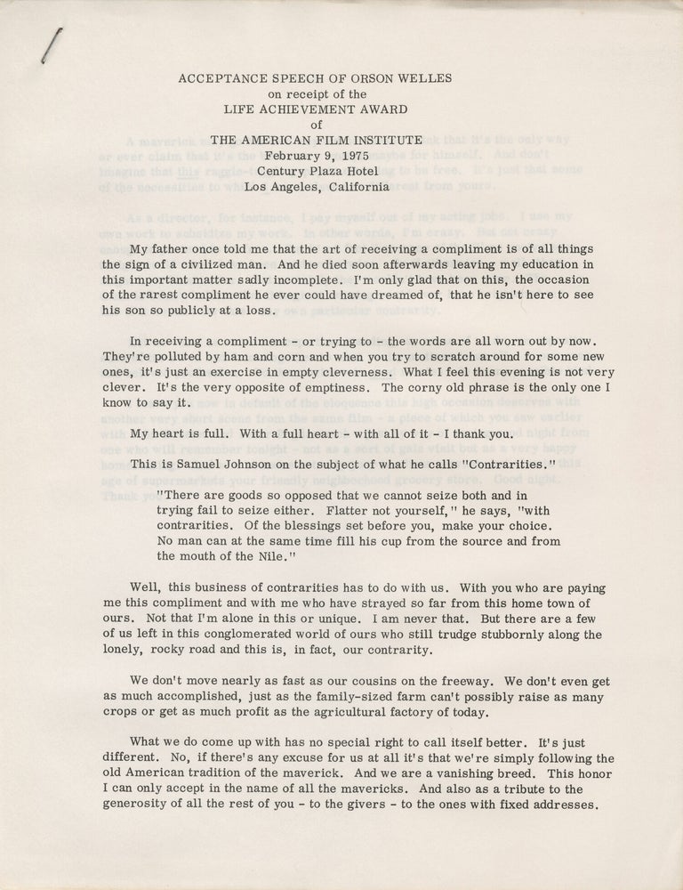 Original publicity booklet for Orson Welles' receipt of the American Film Institute's third annual Life Achievement Award, 1975