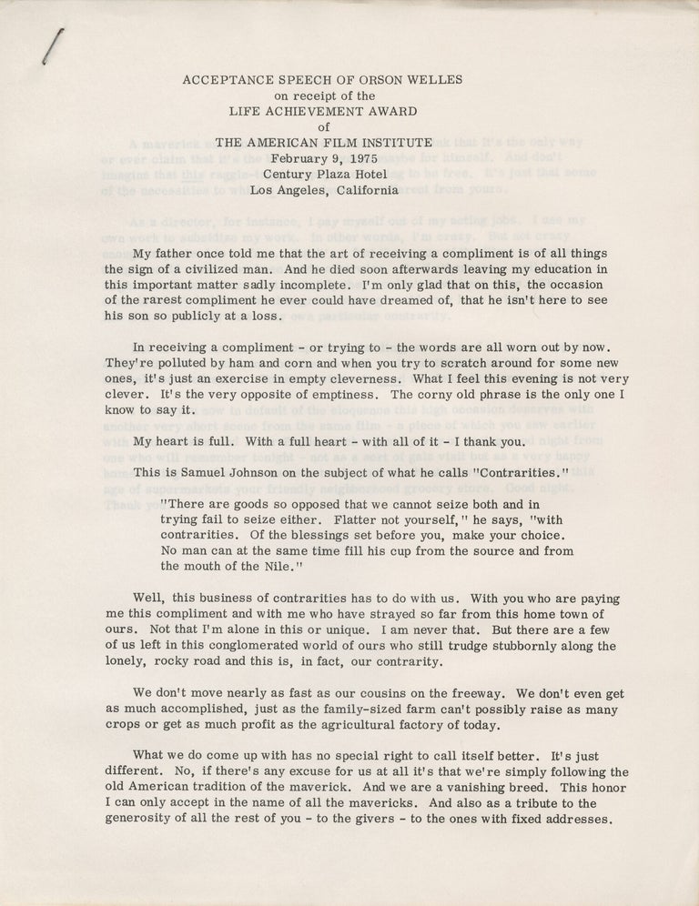 Original publicity booklet for Orson Welles' receipt of the American Film Institute's third annual Life Achievement Award, 1975