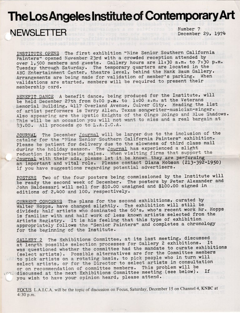 The Los Angeles Institute of Contemporary Art Newsletter: No. 7 (Original newsletter and dance...
