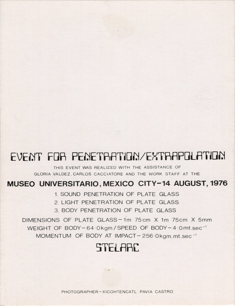 Archive of eighteen self-published post-cards of performances, including eight signed by the artist, two exhibition flyers, and program, 1976-1984