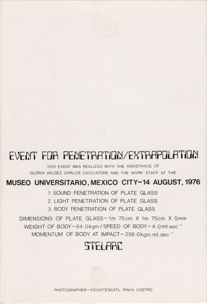 Archive of eighteen self-published post-cards of performances, including eight signed by the artist, two exhibition flyers, and program, 1976-1984