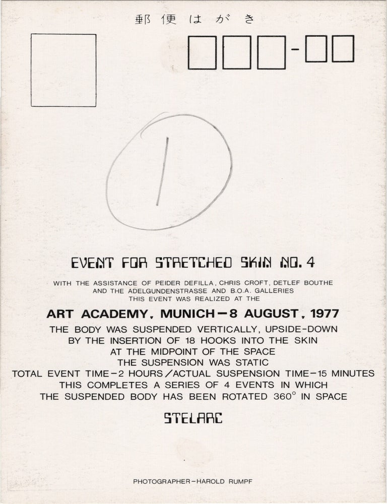 Archive of eighteen self-published post-cards of performances, including eight signed by the artist, two exhibition flyers, and program, 1976-1984
