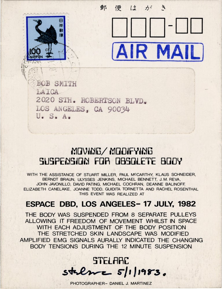 Archive of eighteen self-published post-cards of performances, including eight signed by the artist, two exhibition flyers, and program, 1976-1984