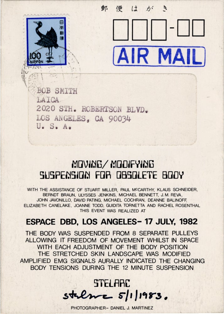 Archive of eighteen self-published post-cards of performances, including eight signed by the artist, two exhibition flyers, and program, 1976-1984