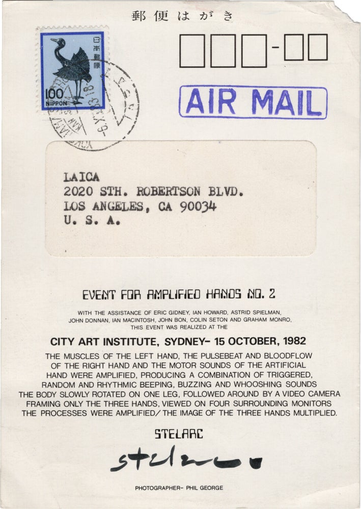 Archive of eighteen self-published post-cards of performances, including eight signed by the artist, two exhibition flyers, and program, 1976-1984