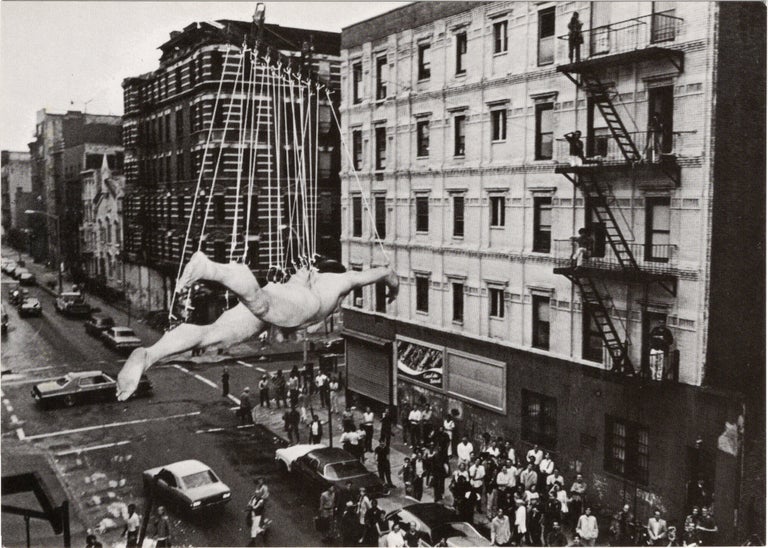 Archive of eighteen self-published post-cards of performances, including eight signed by the artist, two exhibition flyers, and program, 1976-1984