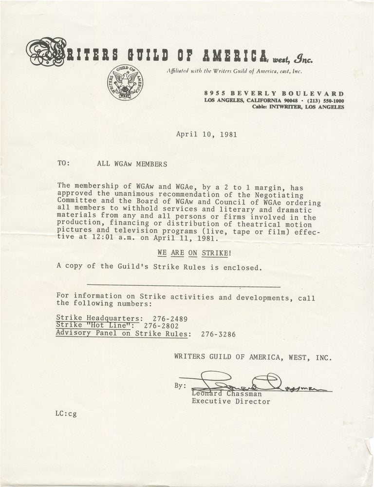 Book #172356] Ephemera relating to the 1981 Writer's Guild of America Strike. Leonard...