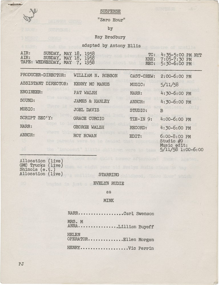 Suspense: Zero Hour (Original script for the 1958 radio play